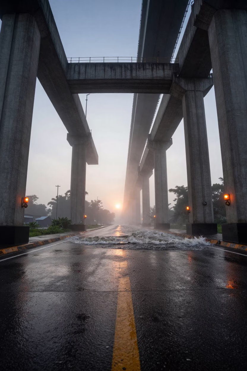 Dawn Spray on Nicaragua Dam Crest Road in along concrete walls above turbulent water in Nicaragua