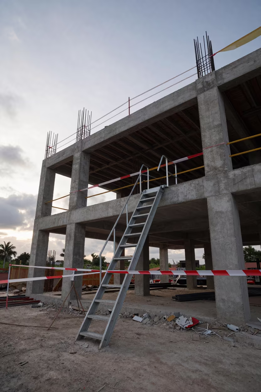 Dawn Staircase Inside Honduras Building Shell in inside a taped-off excavation edge in Honduras