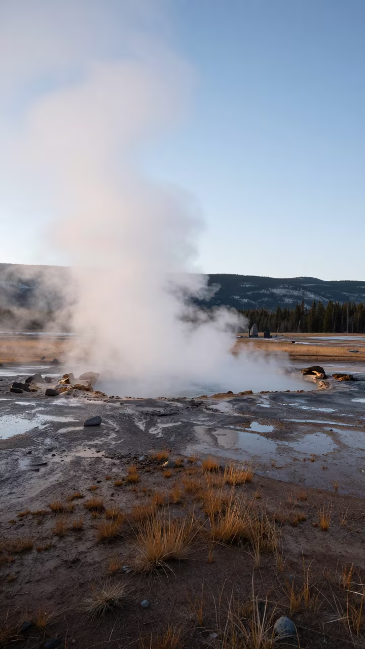 Dawn Steam Rising from Colorado Hot Spring in across a floodplain after rain in Colorado