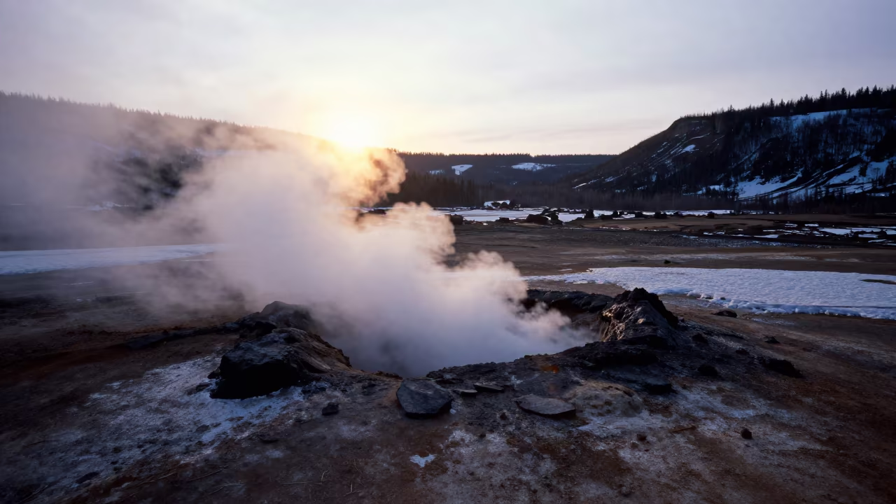 Dawn steam rises from volcanic fumarole in across a wide valley floor in Canada