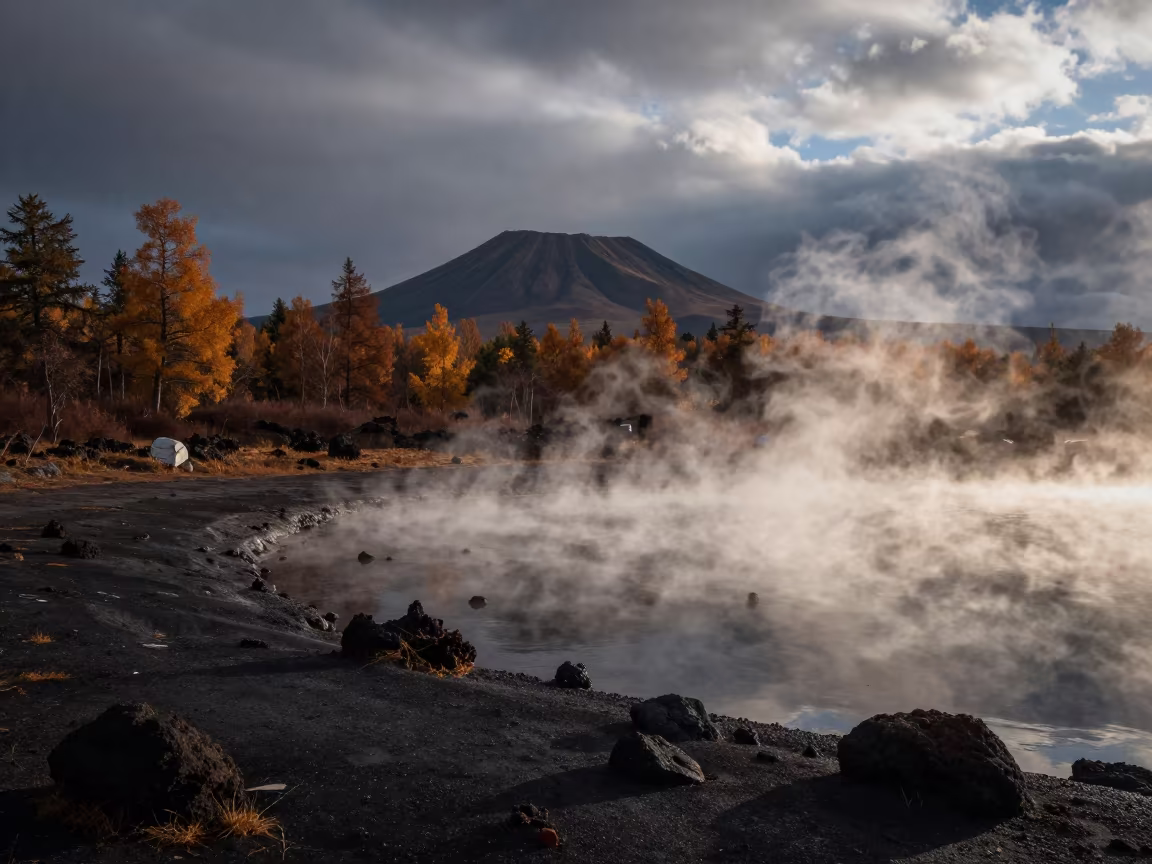 Dawn Steam Rising Over Volcanic Lake Shore in along a wave-cut shoreline near Almaty