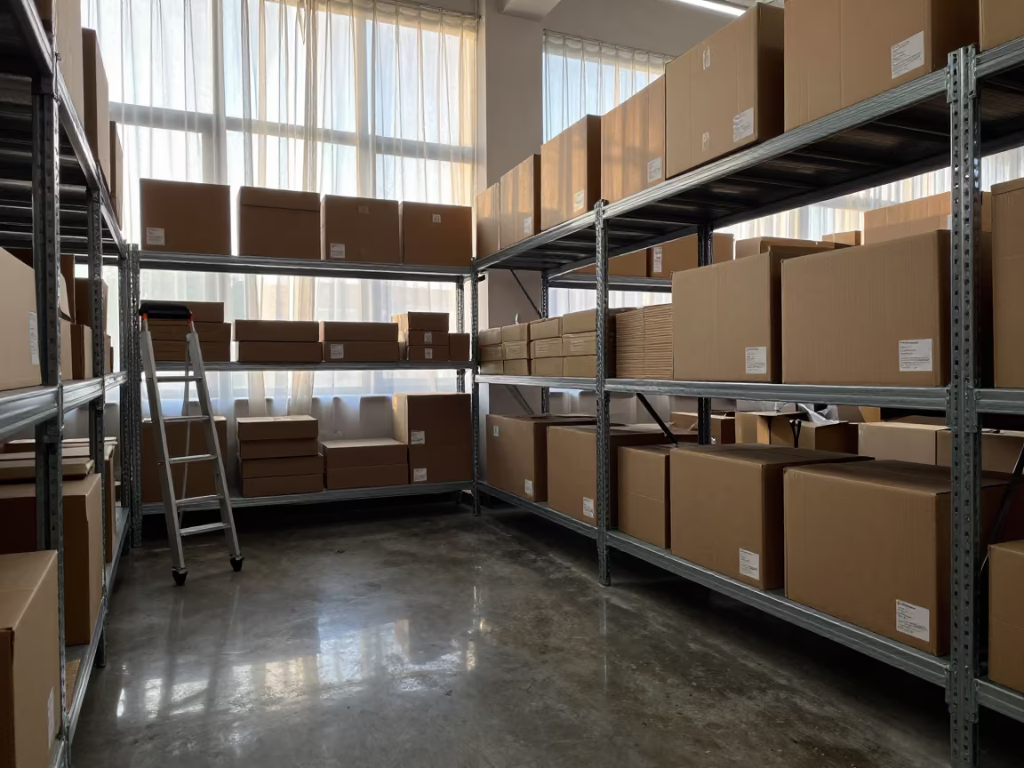 Dawn Stockroom Shelf with Ladder and Mirrored Reflections in inside a bright retail aisle near Tianjin
