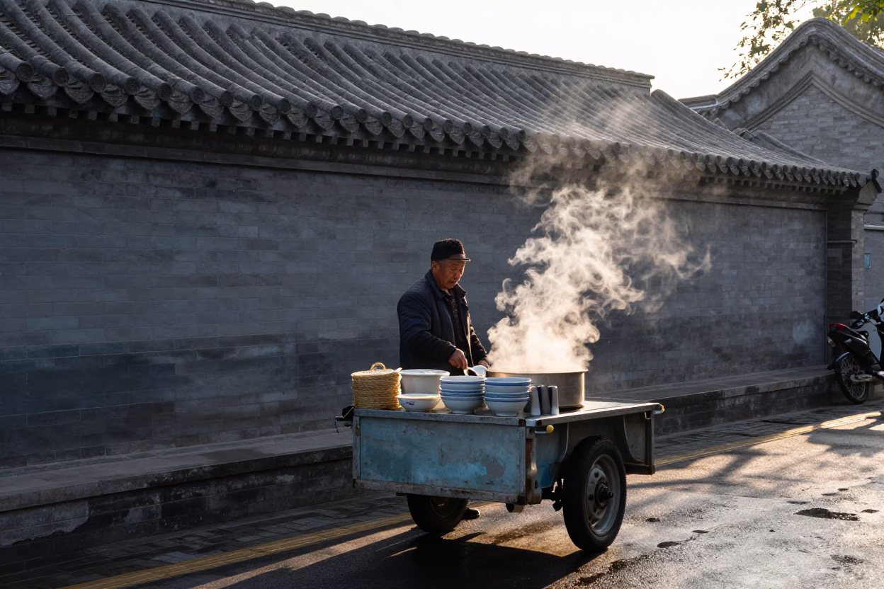 Dawn Street Breakfast in Beijing with Wonton Soup and Ceramic Cup in in Beijing, China