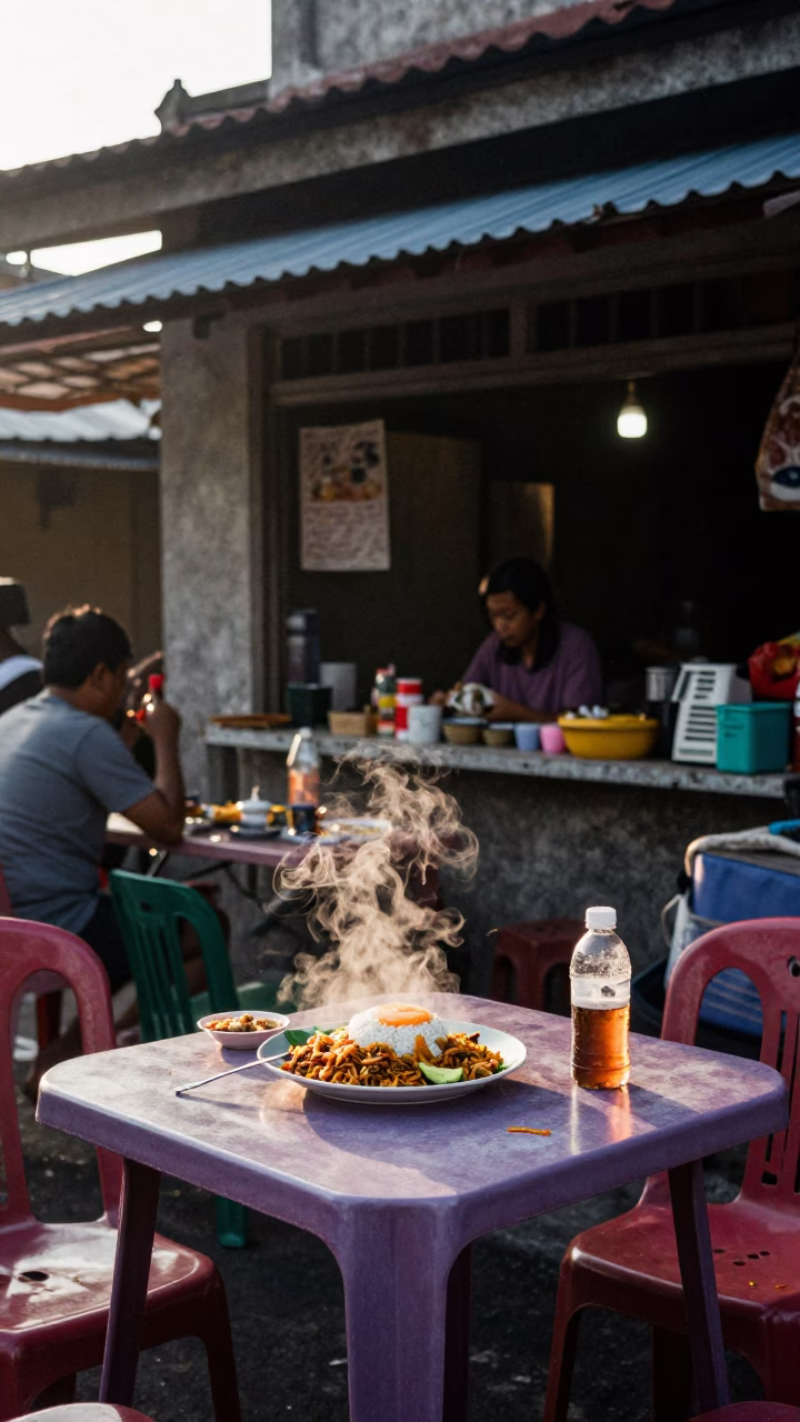 Dawn Street Breakfast in Denpasar Bali with Nasi Goreng and Fried Egg in in Denpasar, Indonesia