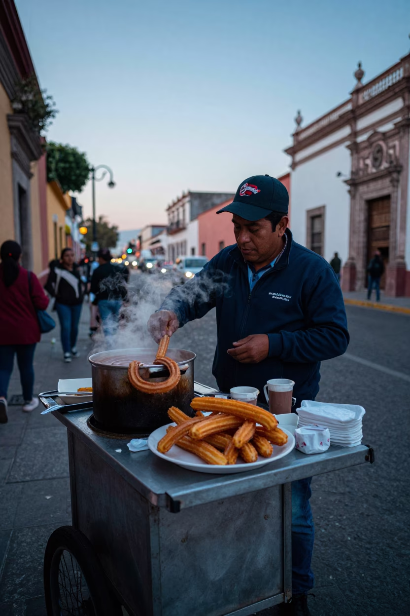 Dawn street breakfast in Guadalajara Mexico with churros and hot chocolate in in Guadalajara, Mexico