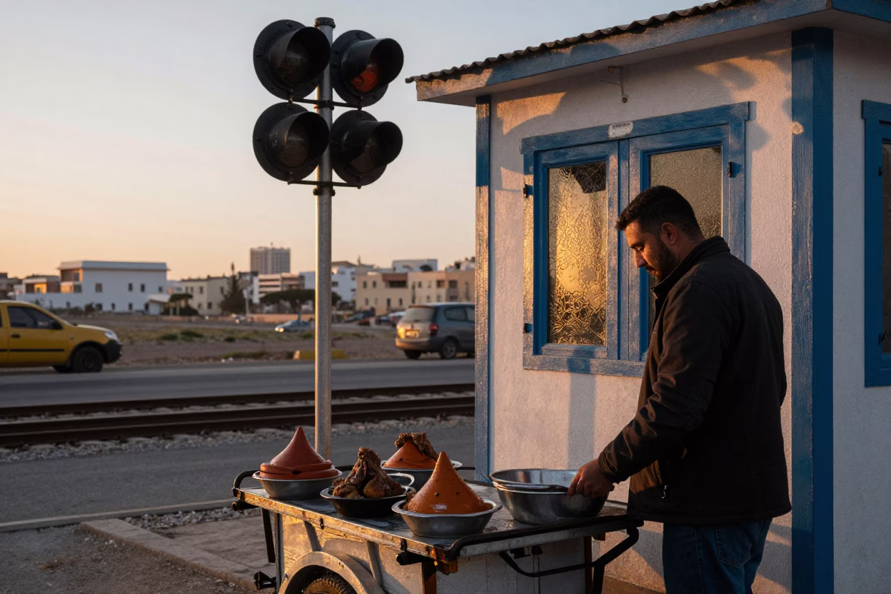 Dawn Street Food in Casablanca Morocco with Lamb Tagine and Railway Signal Cabin in in Casablanca, Morocco