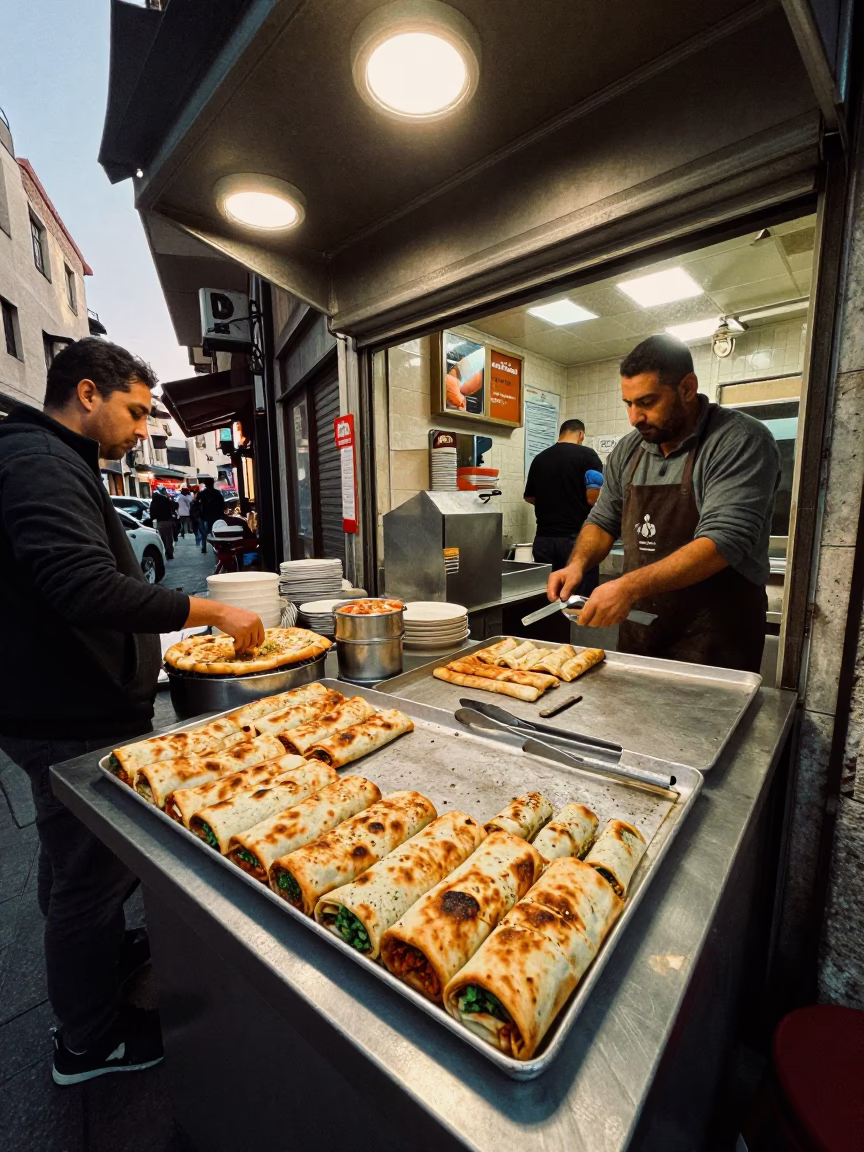 Dawn Street Food Stall in Beirut Lebanon with Lahmacun and Cutlery in in Beirut, Lebanon