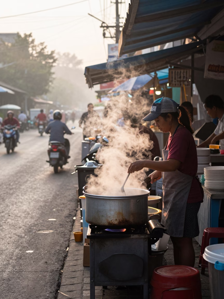 Dawn Street Food Stall in Chiang Mai Thailand with Cooking Pot and Blankets in in Chiang Mai, Thailand
