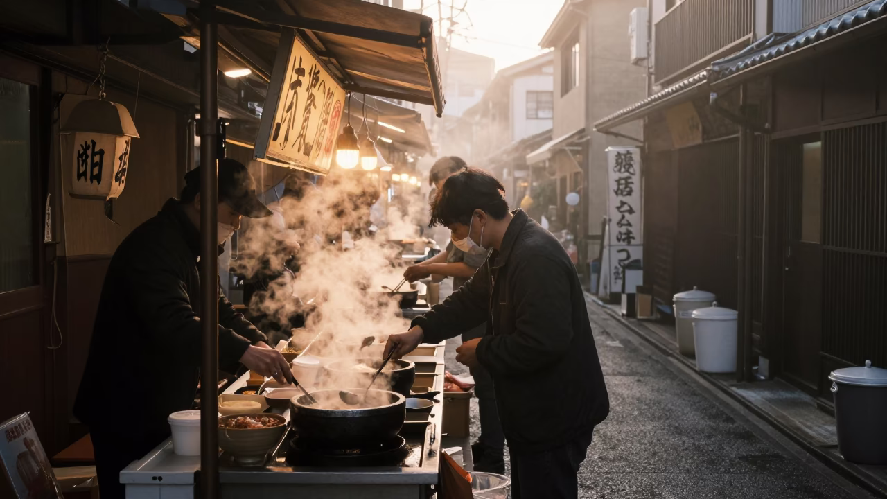 Dawn street food stall in Fukuoka Japan with steaming bowls and condensation in in Fukuoka, Japan
