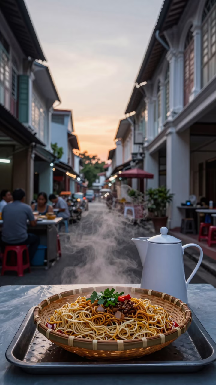 Dawn Street Food Stall in George Town Malaysia with Noodles and Pitcher in in George Town, Malaysia