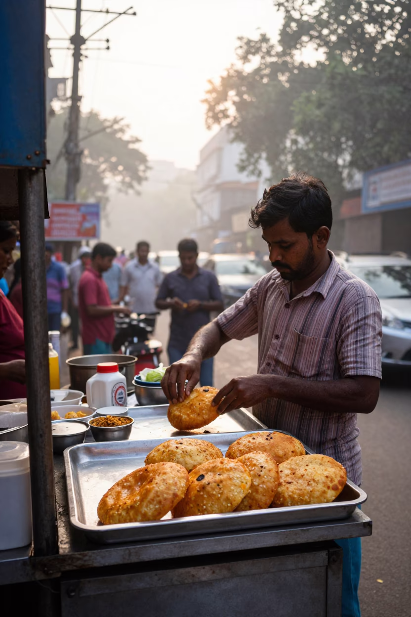 Dawn Street Food Stall in Kolkata India Serving Aloo Tikki and Chutneys in in Kolkata, India