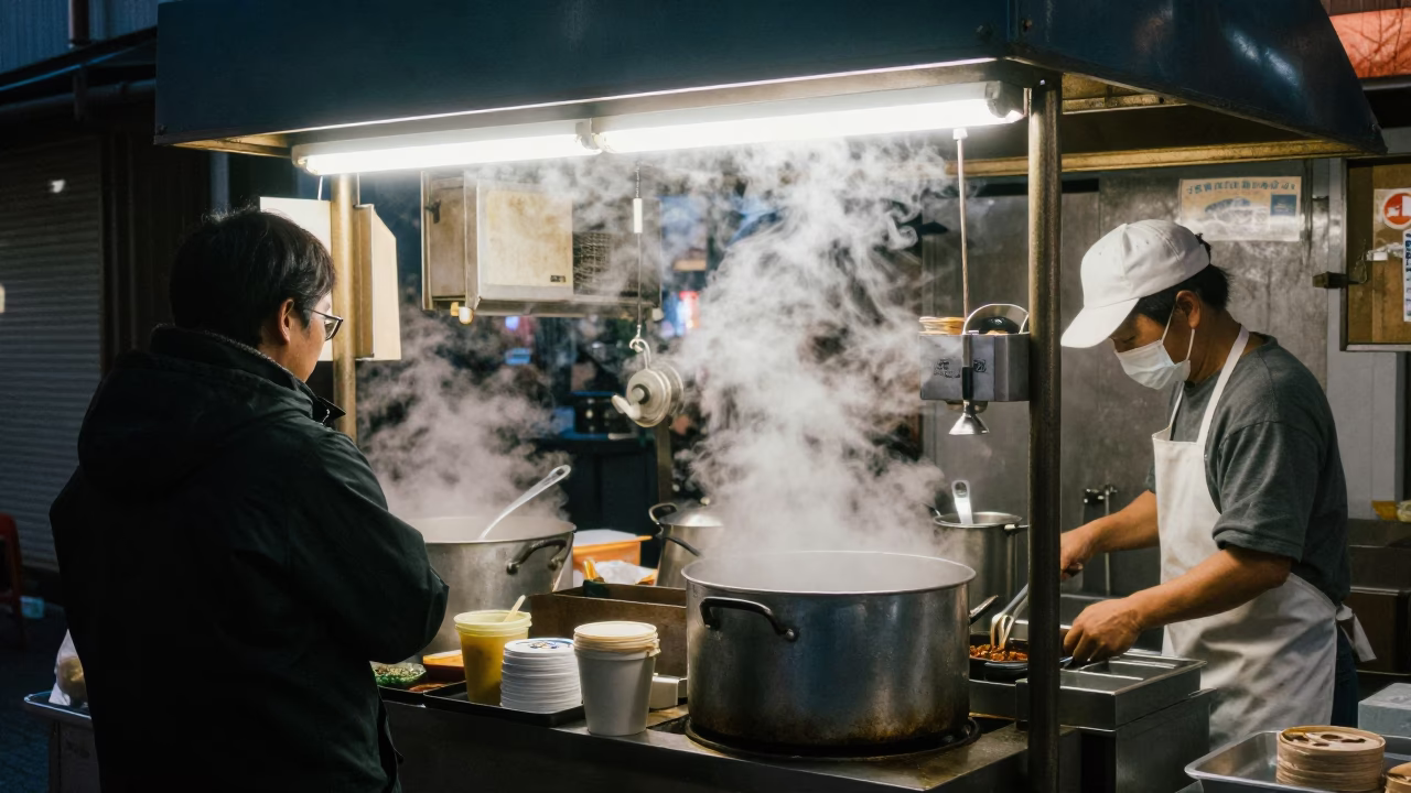 Dawn Street Food Stall in Osaka Japan with Steam and Kitchen Utensils in in Osaka, Japan