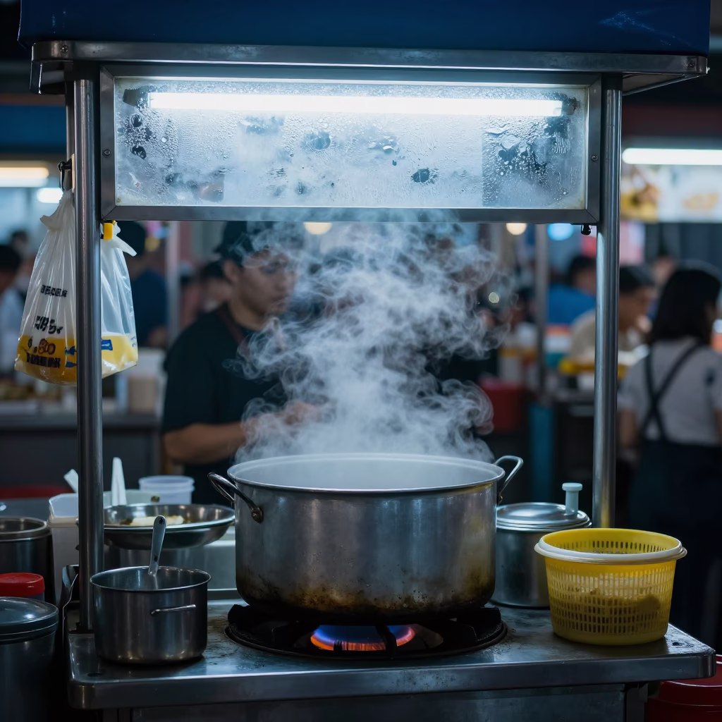 Dawn street food stall in Singapore with condensation and plastic stools in in Singapore, Singapore