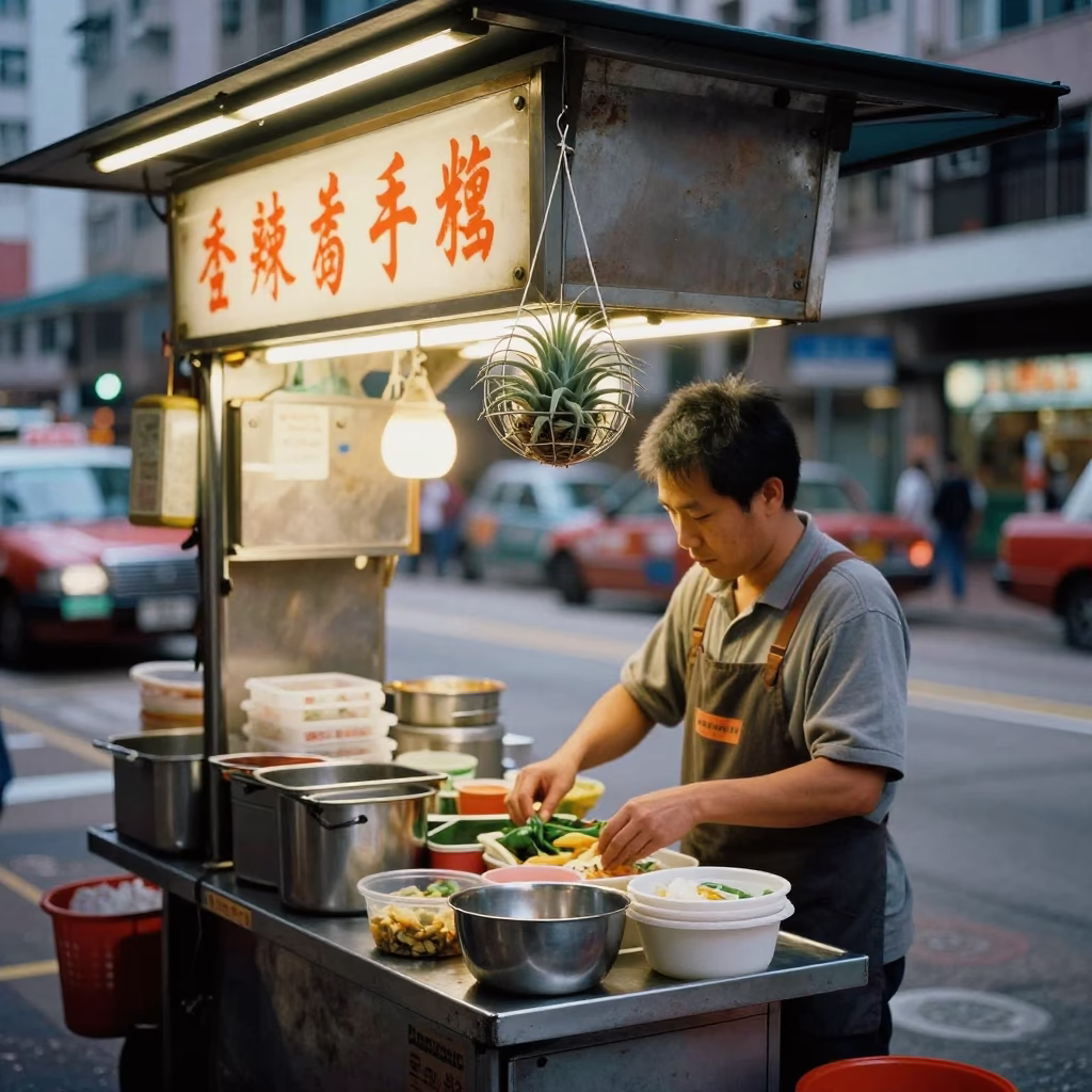 Dawn Street Food Stall with Hanging Air Plant in Hong Kong in in Hong Kong, Hong Kong