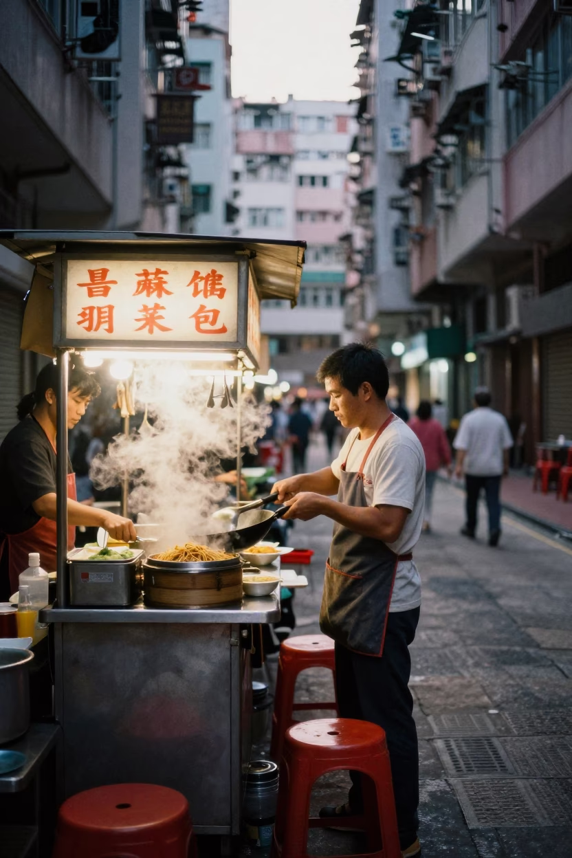 Dawn street food stall with steaming noodles and condiments in Hong Kong in in Hong Kong, Hong Kong