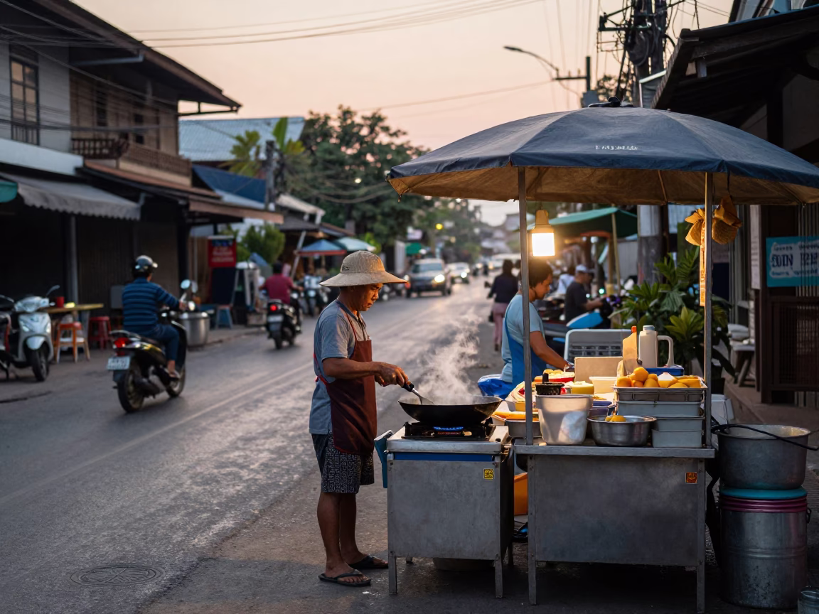 Dawn Street Food Vendor in Chiang Mai Thailand Cooking Morning Breakfast in in Chiang Mai, Thailand