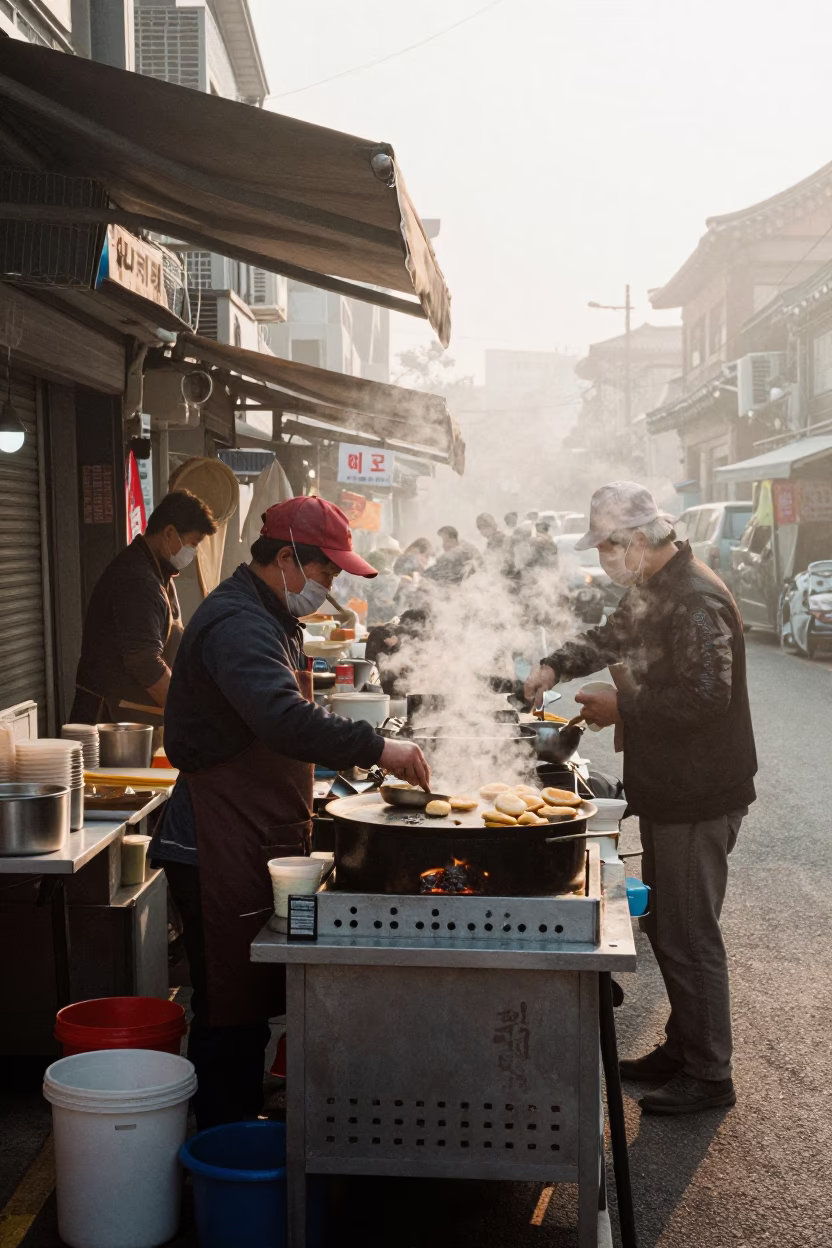 Dawn Street Food Vendor in Seoul Korea Cooking Breakfast with Steam Rising in in Seoul, South Korea