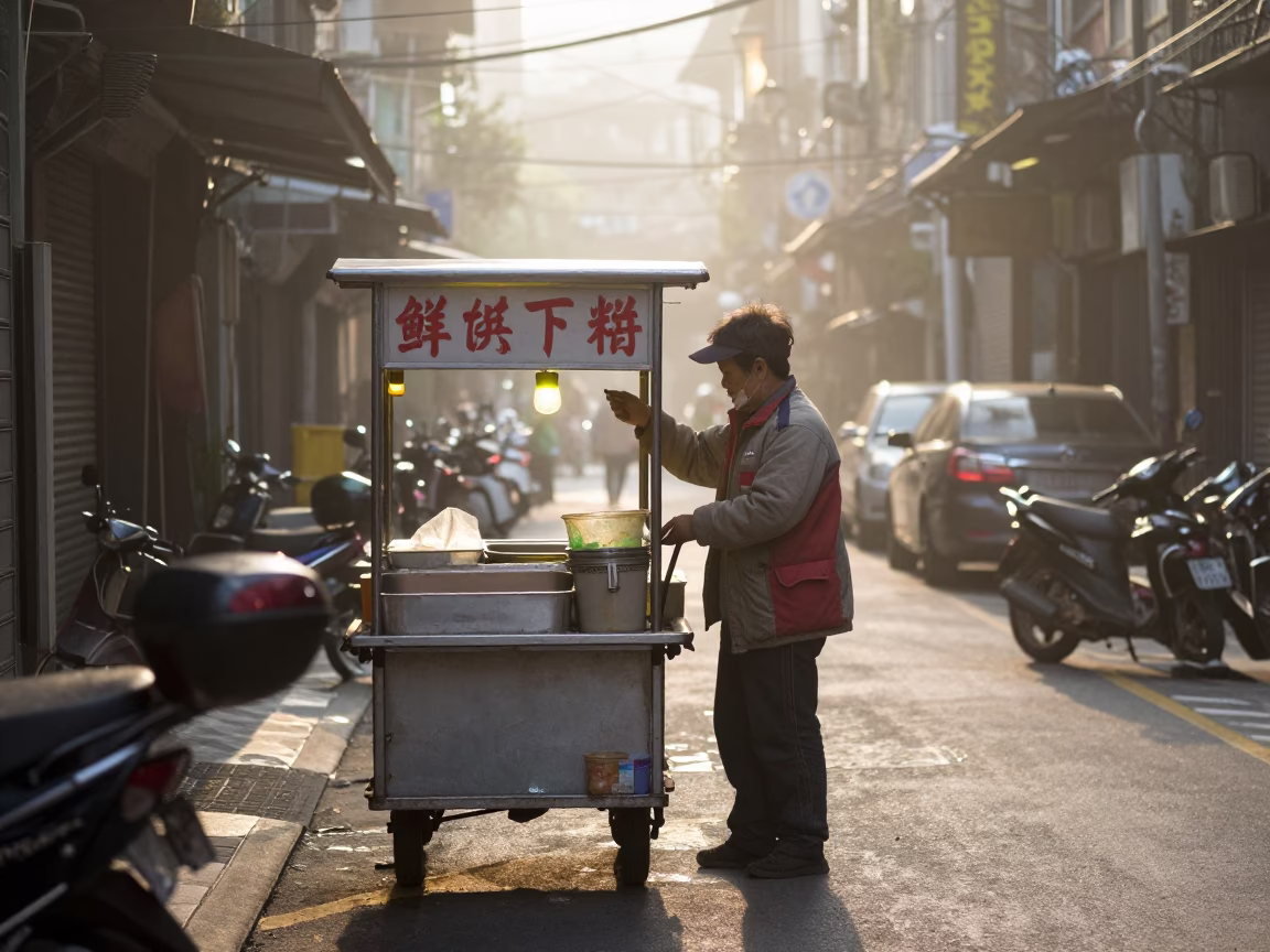 Dawn street food vendor with rolling carts and potted succulents in Taipei Taiwan in in Taipei, Taiwan