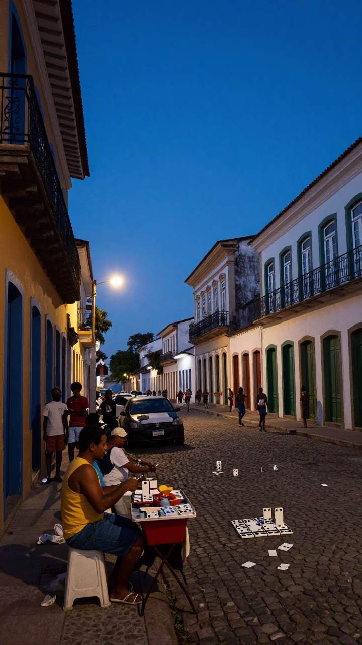 Dawn street life in Salvador Brazil with vendor and domino players in in Salvador, Brazil