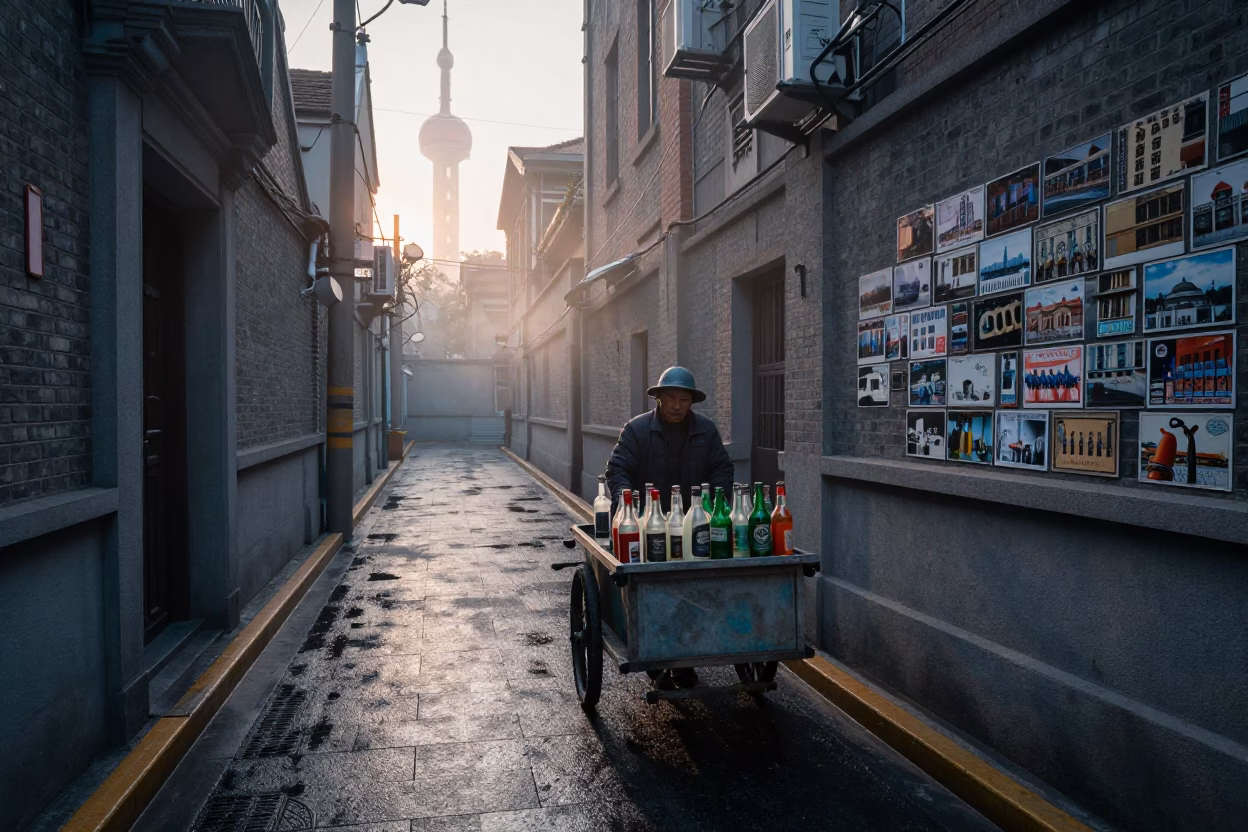 Dawn Street Life in Shanghai China with Postcards and Vintage Bottle in in Shanghai, China