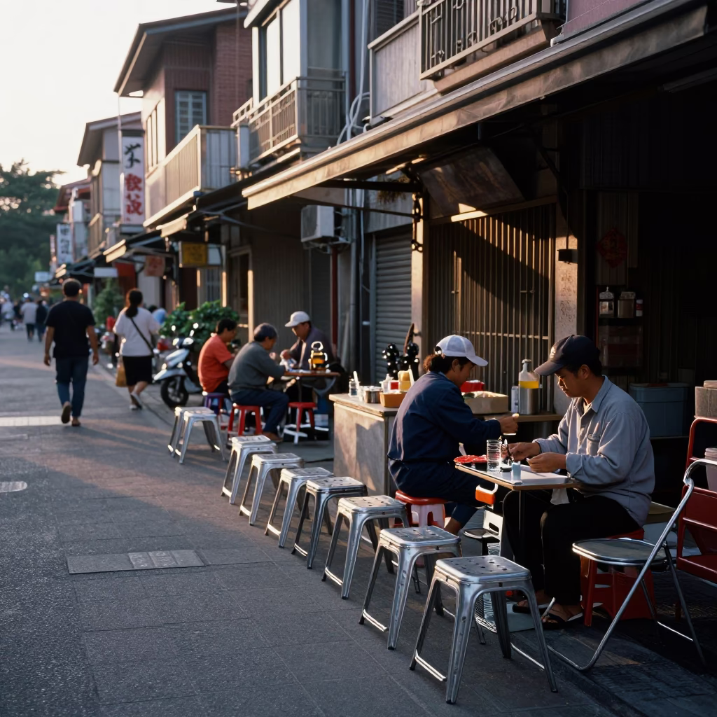 Dawn Street Life in Tainan Taiwan with Folding Stools and Water Bucket in in Tainan, Taiwan