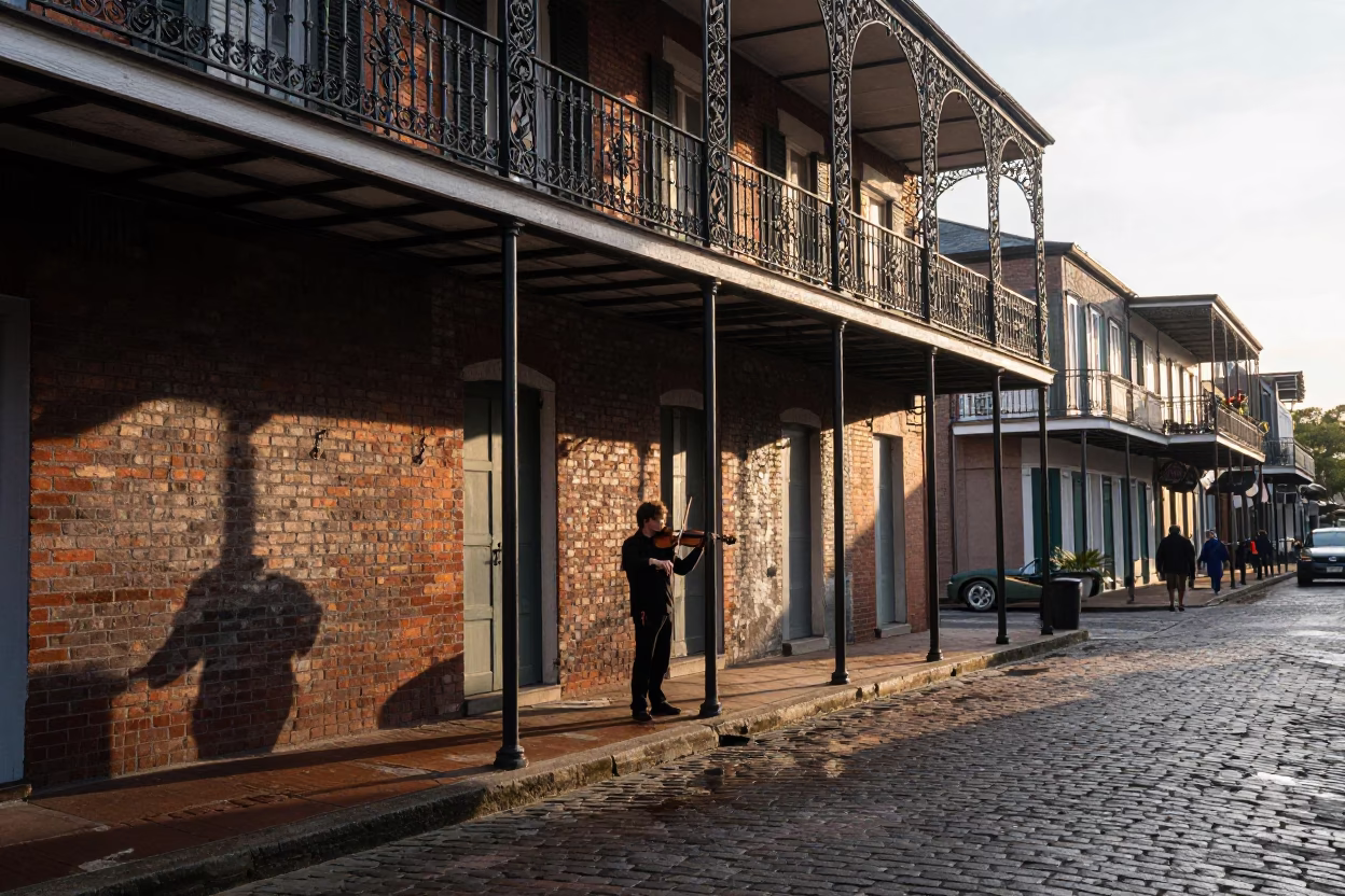 Dawn Street Musician Playing Violin on New Orleans French Quarter Cobblestones in in New Orleans, Louisiana, United States