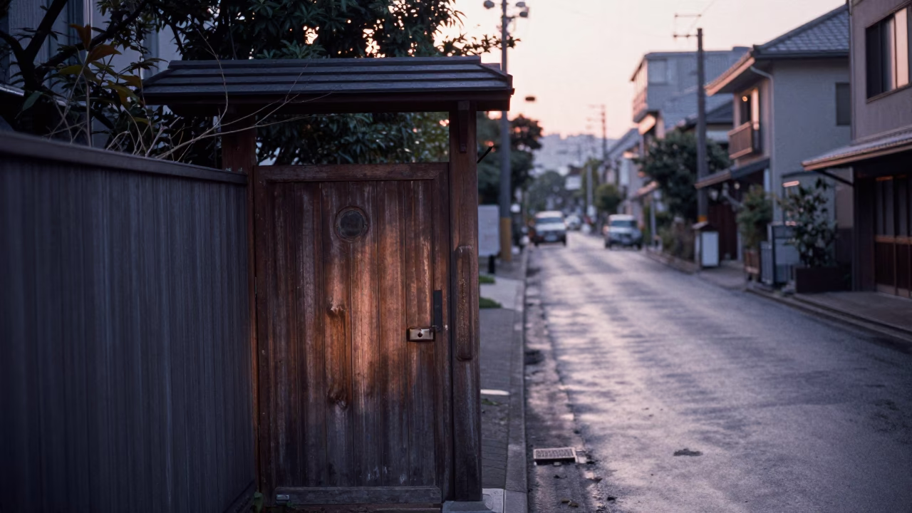 Dawn Street Scene in 1950s Tokyo Japan with Garden Gate and Toadstool Details in in Tokyo, Japan