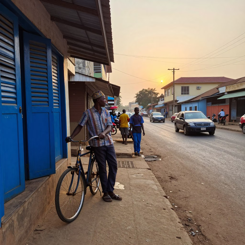 Dawn Street Scene in Accra Ghana with Banana Vendor and Bicycle in in Accra, Ghana