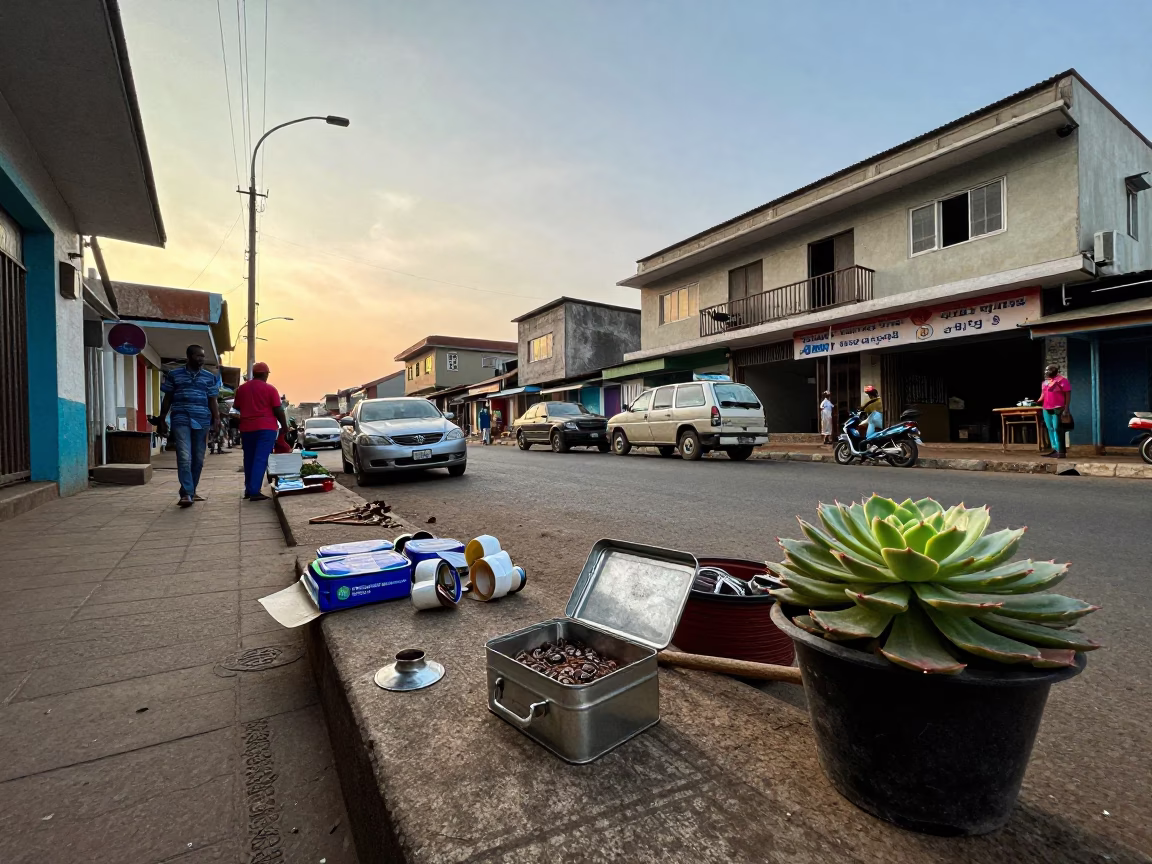 Dawn Street Scene in Accra Ghana with Coffee Tin and Echeveria in in Accra, Ghana