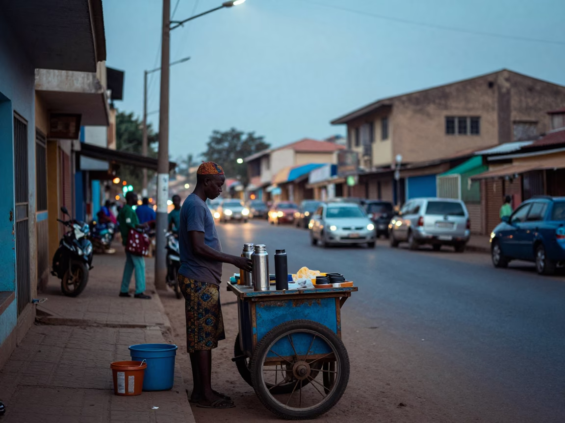 Dawn Street Scene in Accra Ghana with Local Vendor and Thermos in in Accra, Ghana
