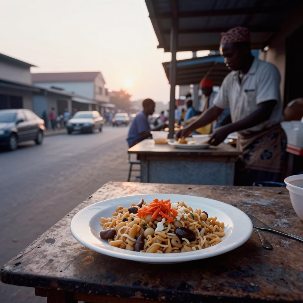 Dawn Street Scene in Accra Ghana with Plate of Gallo Pinto and Scrambled Eggs in in Accra, Ghana