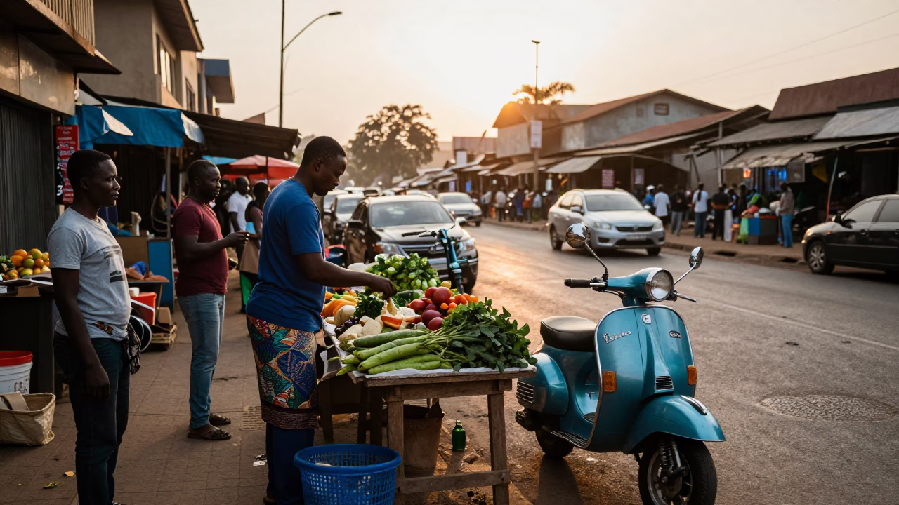 Dawn street scene in Accra Ghana with vendor and vintage Vespa in in Accra, Ghana