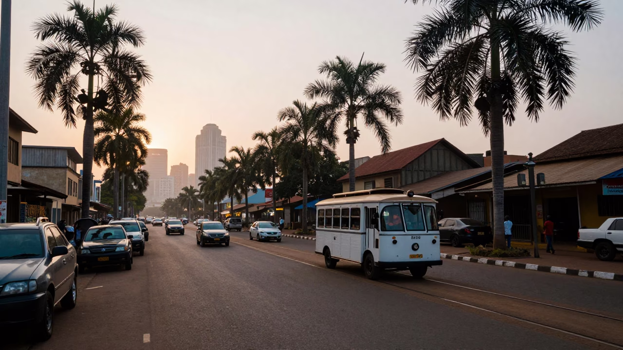 Dawn Street Scene in Accra Ghana with Vintage Vehicles and Urban Life in in Accra, Ghana