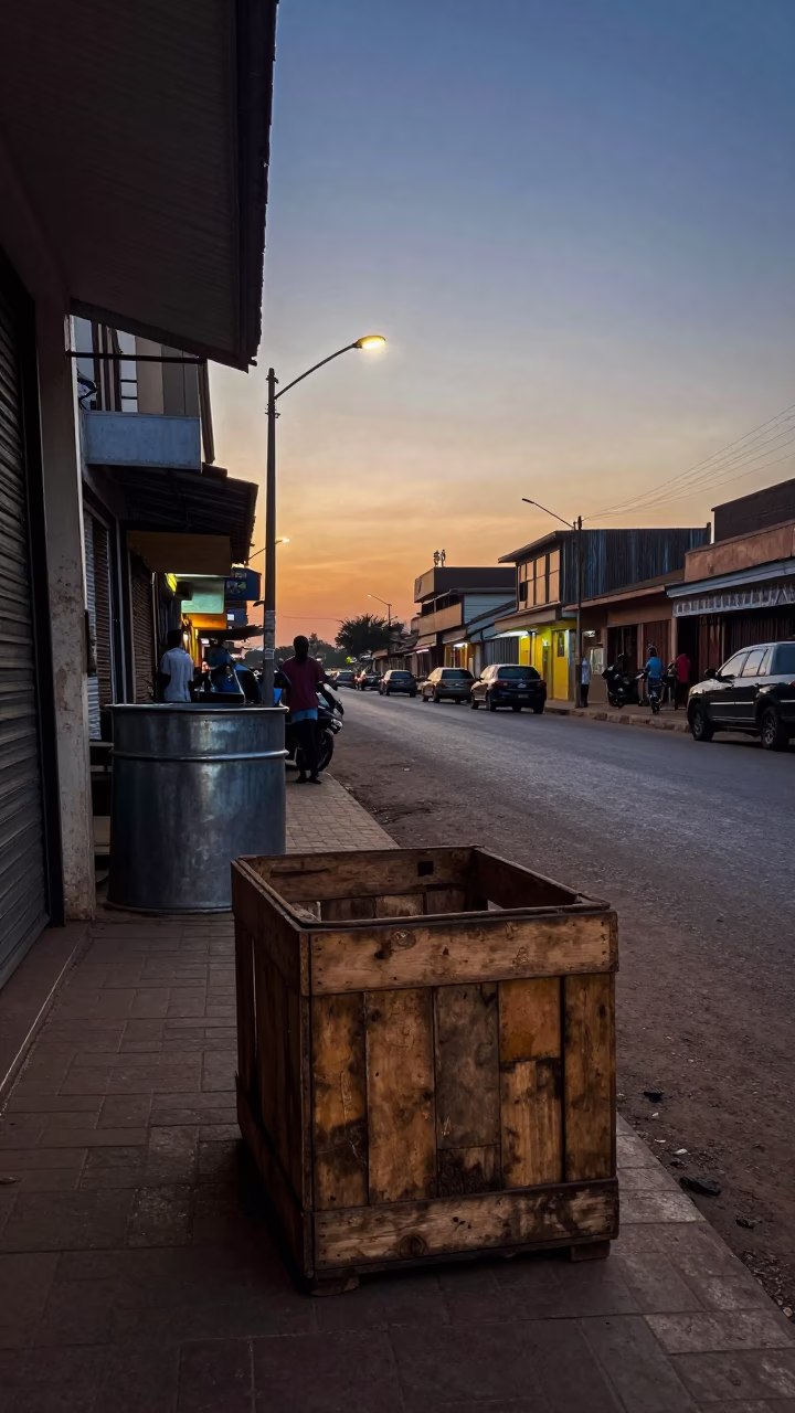 Dawn Street Scene in Accra Ghana with Wooden Crate and Steel Latch in in Accra, Ghana