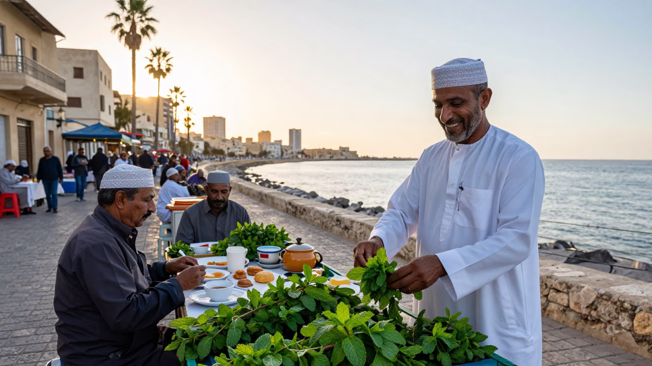 Dawn Street Scene in Alexandria Egypt with Traditional Breakfast and Mint Leaves in in Alexandria, Egypt