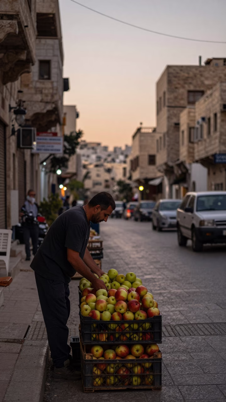 Dawn Street Scene in Amman Jordan with Fruit Crate and Local Commerce in in Amman, Jordan