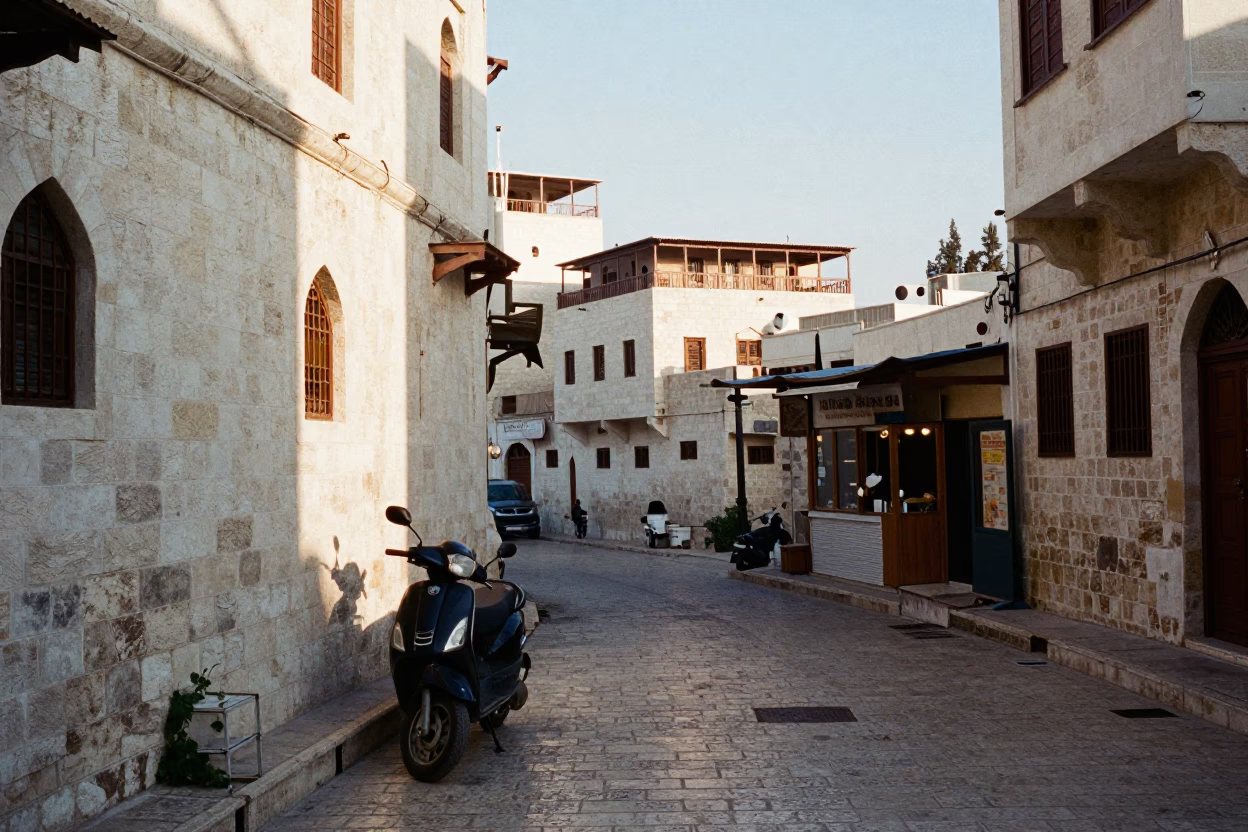 Dawn Street Scene in Amman Jordan with Scooter and Local Architecture in in Amman, Jordan