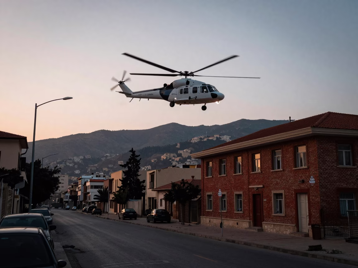Dawn Street Scene in Amman Jordan with Steaming Supply Helicopter Over Mountains in in Amman, Jordan