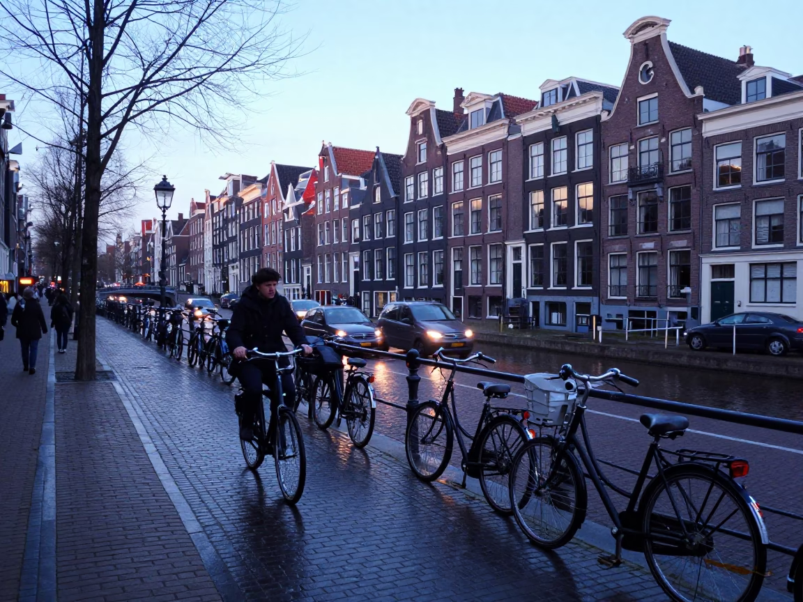 Dawn Street Scene in Amsterdam Netherlands with Bicycle Traffic and Brick Architecture in in Amsterdam, Netherlands