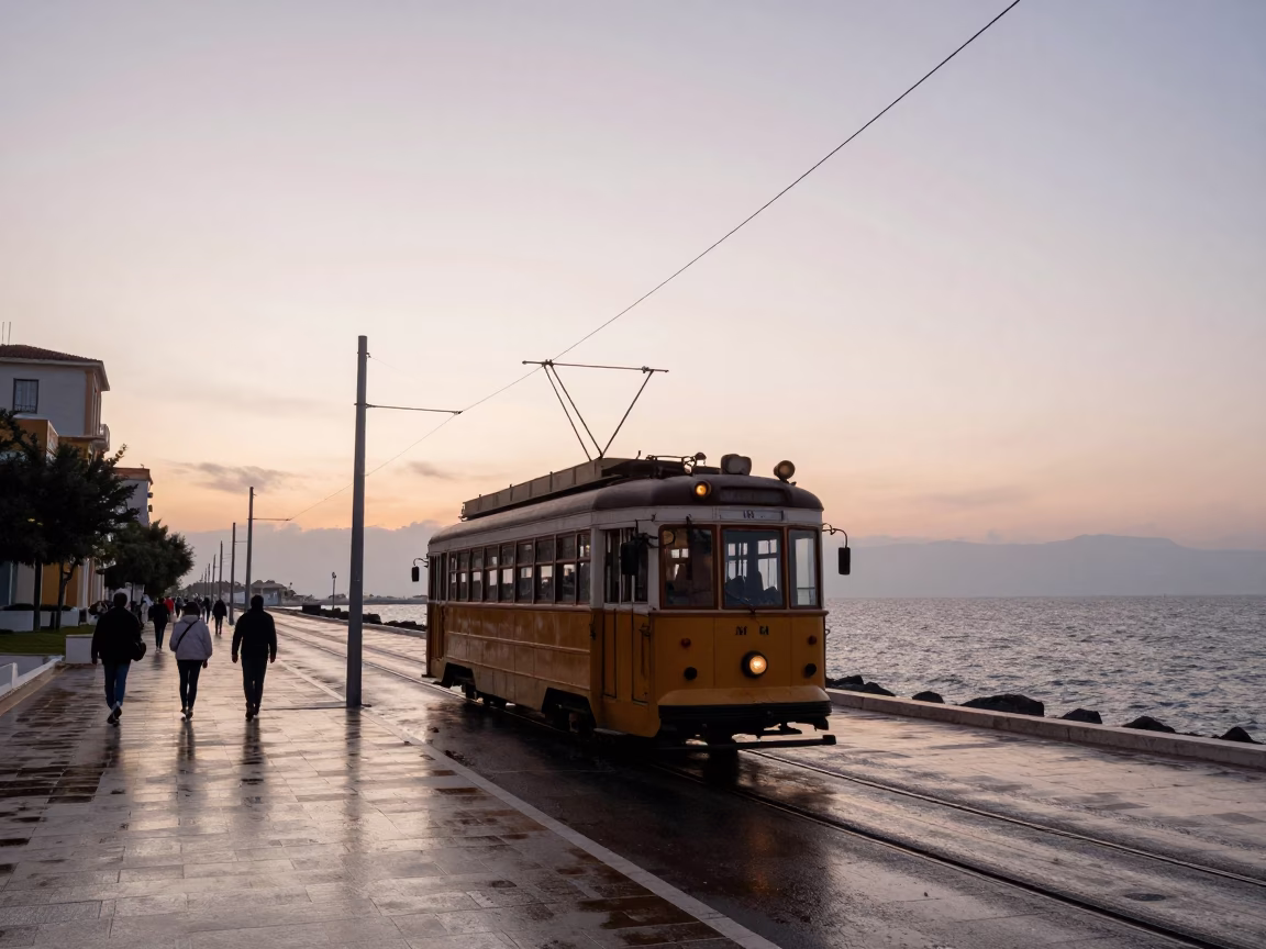 Dawn Street Scene in Athens Greece with Heritage Tram and Coastal Promenade Rain in in Athens, Greece