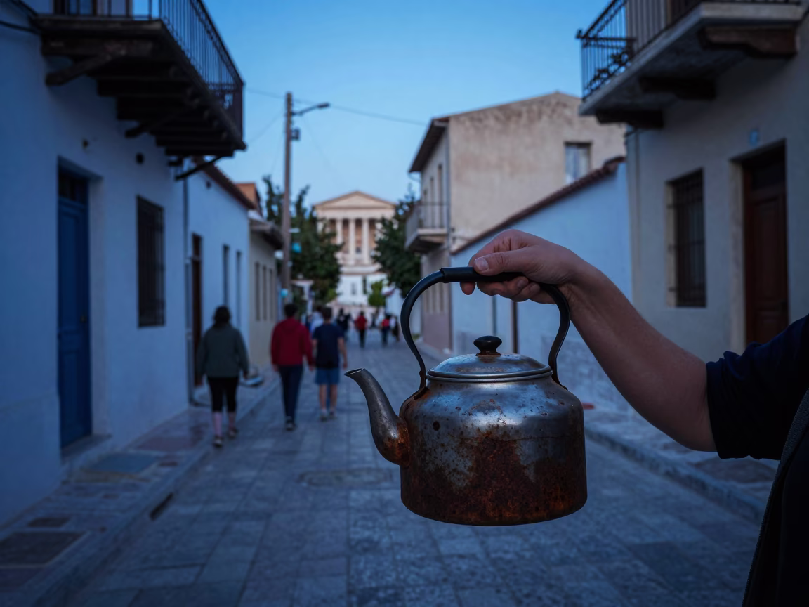 Dawn Street Scene in Athens Greece with Rusty Kettle and School Wall in in Athens, Greece