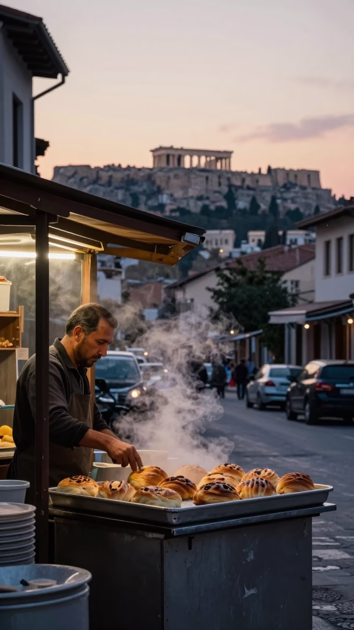 Dawn Street Scene in Athens Greece with Traditional Breakfast and Morning Light in in Athens, Greece