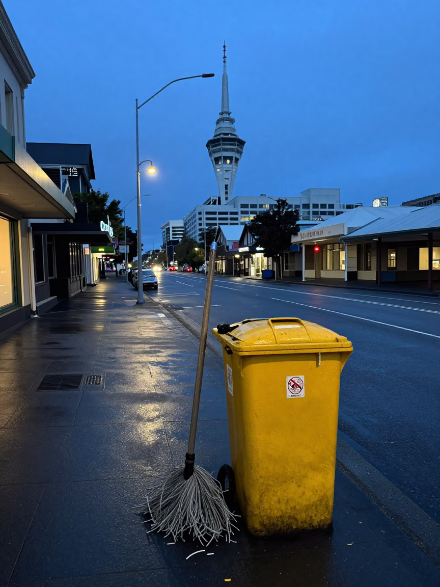 Dawn Street Scene in Auckland New Zealand with Mops and Soap Bottle in in Auckland, New Zealand