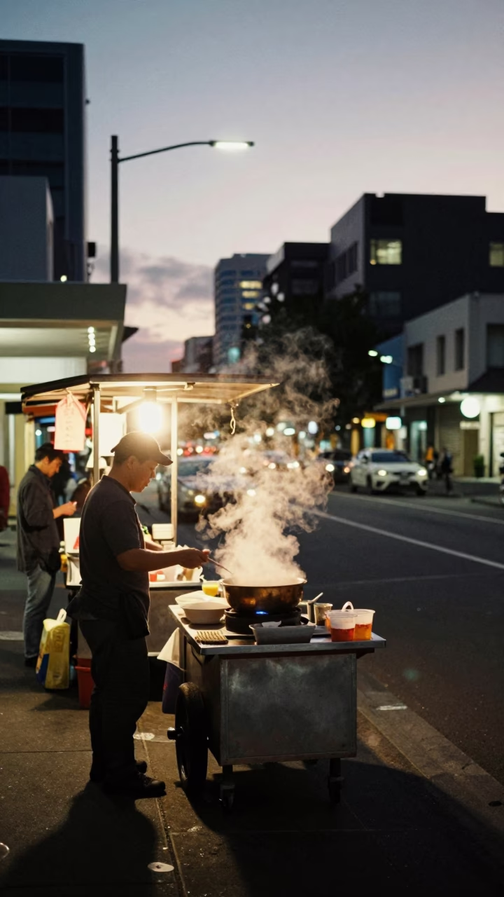 Dawn Street Scene in Auckland New Zealand with Steaming Hotpot and Urban Morning Light in in Auckland, New Zealand