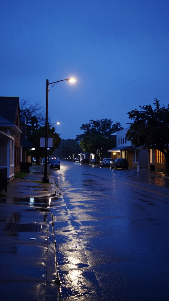 Dawn street scene in Austin Texas with wet pavement and local storefront details in in Austin, Texas, United States