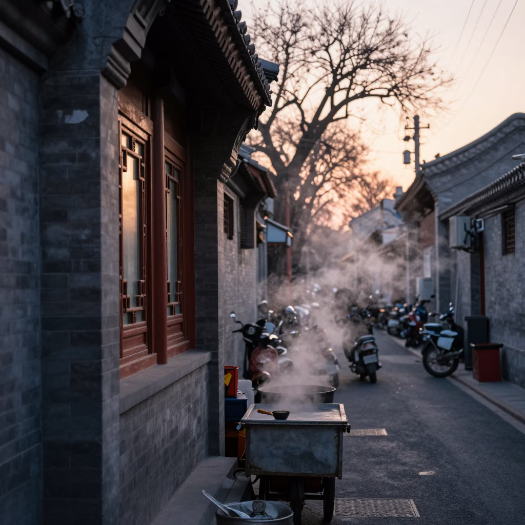 Dawn Street Scene in Beijing China with Window Light and Urban Life in in Beijing, China