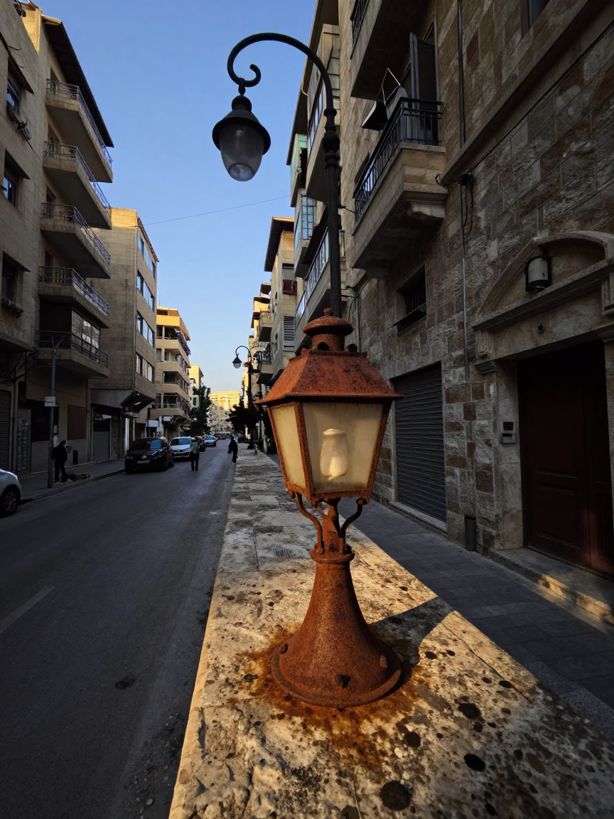 Dawn Street Scene in Beirut Lebanon with Rusty Lamp and Local Details in in Beirut, Lebanon