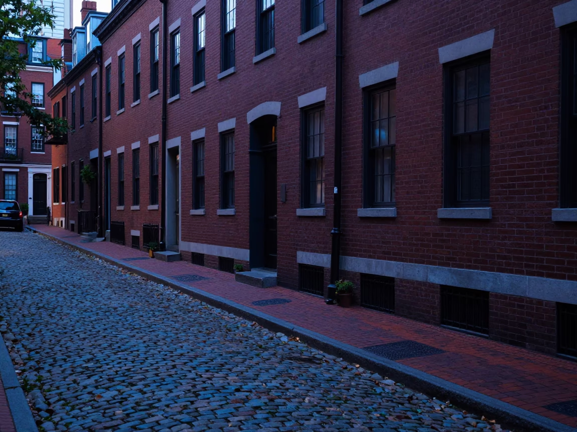 Dawn Street Scene in Boston Massachusetts with Cobblestones and Historic Brick Architecture in in Boston, Massachusetts, United States