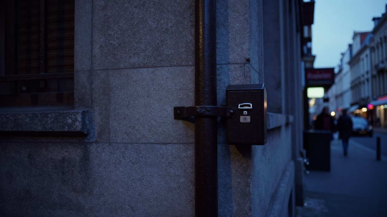 Dawn Street Scene in Brussels Belgium with Iron Deadbolt and Lockbox Detail in in Brussels, Belgium