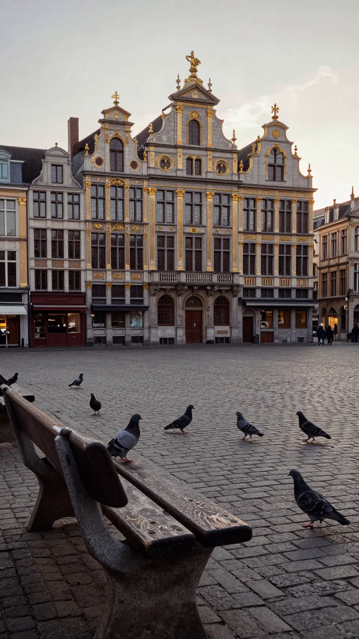 Dawn street scene in Brussels Belgium with pigeons and weathered bench showing rust in in Brussels, Belgium